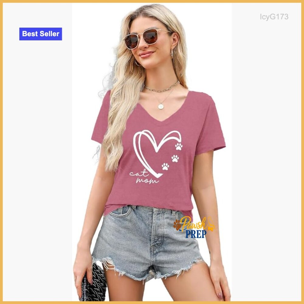 V-Neck Cat Mom T-Shirt, Soft Polyester Blend, Relaxed Fit, Short Sleeve